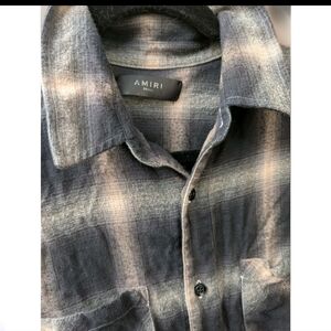 Amiri Mens Small Shadow Plaided Cotton Flannel Button Up W Frayed Hem Detail